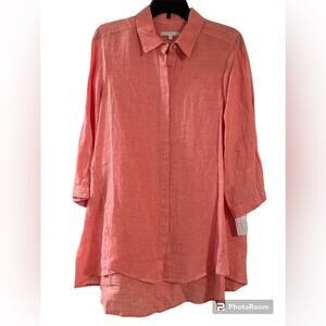 FOXCROFT Tunic Button Up Blouse 100% Linen Top Coral 3/4 Sleeves Size 8 NWT